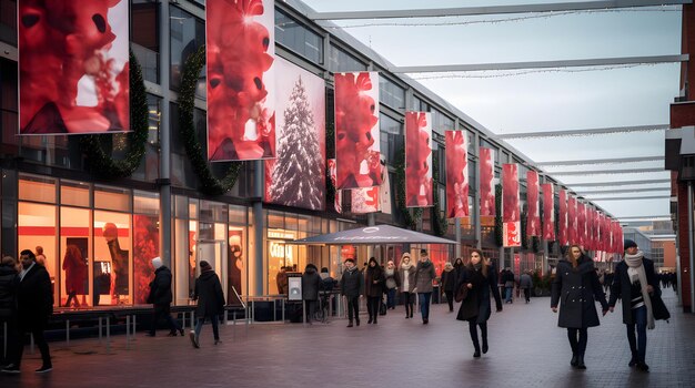 Foto una elegante strada commerciale in un'area moderna decorata con striscioni di vendita del black friday