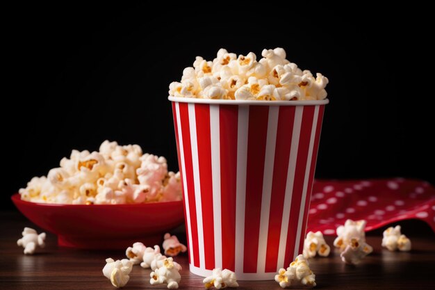 A stylish shot featuring popcorn in a cup against a dark backdrop creating a cinematic ambiance for snack enthusiasts