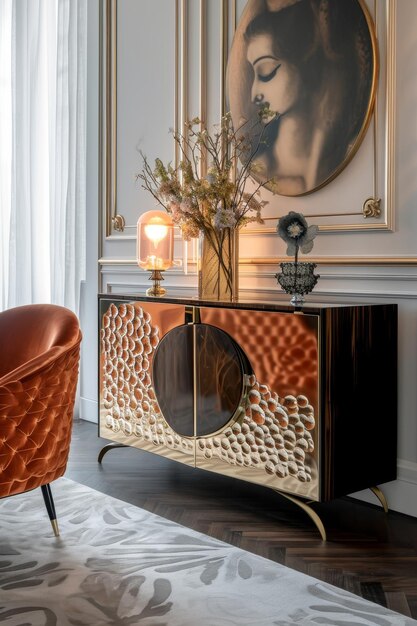 stylish sideboard decorated in a colorful style in the interior