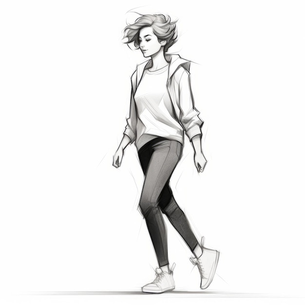 Stylish Sketch Of A Genderless Girl Walking In Ambient Occlusion Style