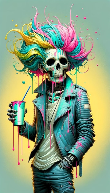 Stylish Skull with Vibrant Paint Splatter and Soda