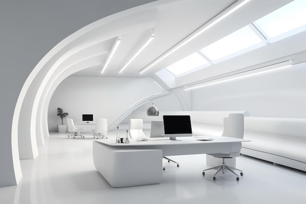 Stylish and sleek white office interior highlighting a mockup wall Generative Ai