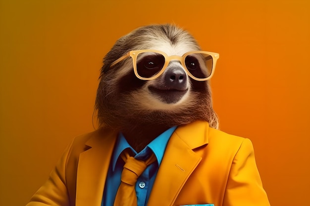 Stylish sloth in a bright business suit and tie and sunglasses Generative AI