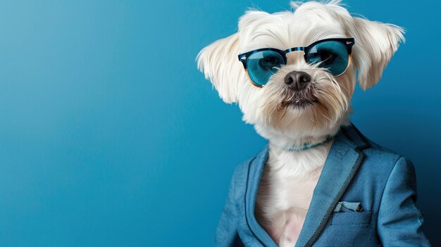 Photo a stylish small white dog donning sunglasses and a blue suit