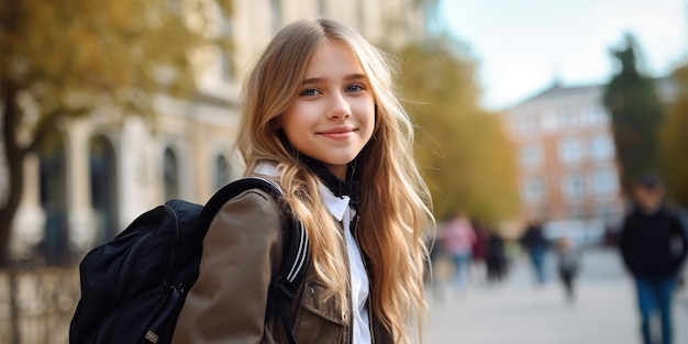 スタイリッシュな笑顔の女子高生はランドセルのバックパックを着ています。女子高生の日常生活