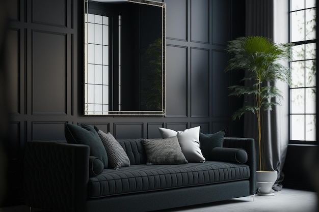 Stylish sofa and a large mirror may be found in a modern room that has a dark wall