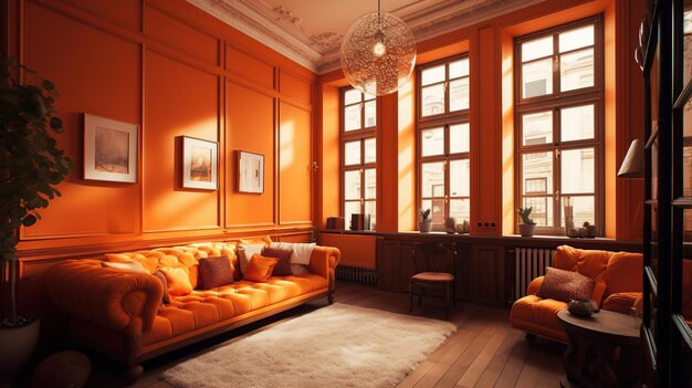 Stylish sofa with table in living room orange shades