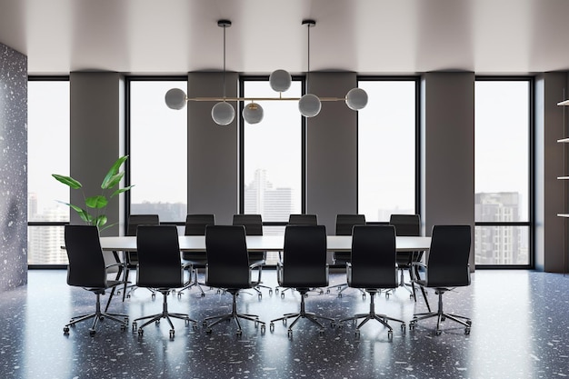 Stylish spacious conference room with light huge meeting table\
surrounded by black chairs on concrete floor city view from the\
windows and green plant 3d rendering