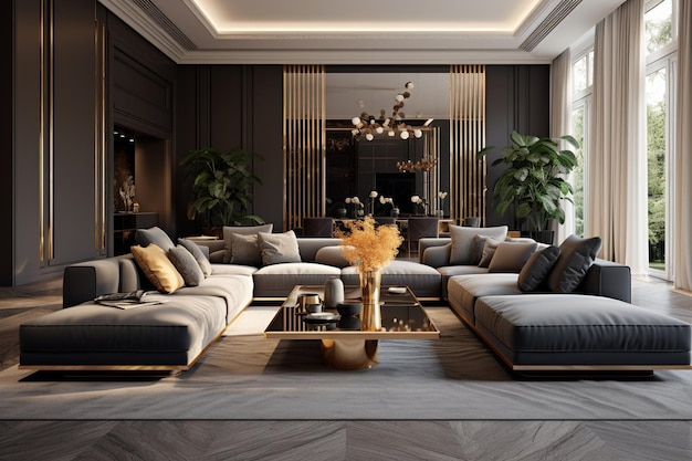 The stylish spacious luxury interior design of living room with design gray sofa coffee table