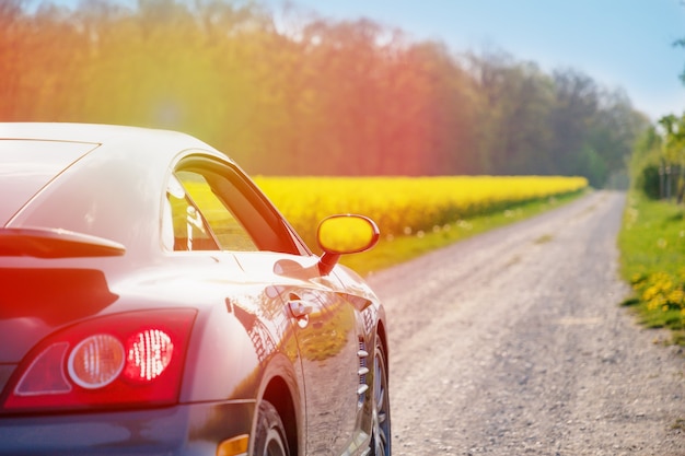 Stylish sports car on a rural road in sunny day