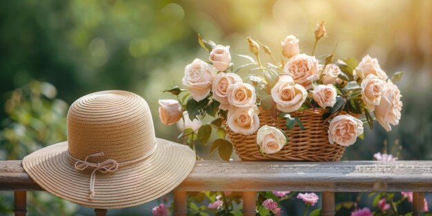 사진 아름다운 꽃이 피는 장미로 가득 찬 바구니  에 세련 된  모자