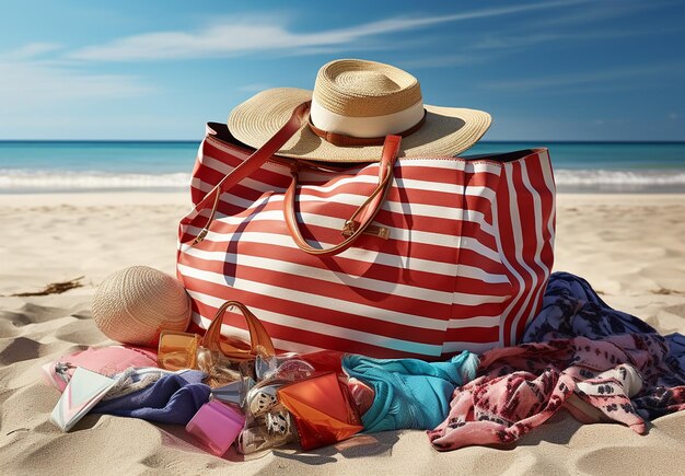 写真 海の近くの砂の上でビーチアクセサリーを備えたスタイリッシュなストライプバッグ