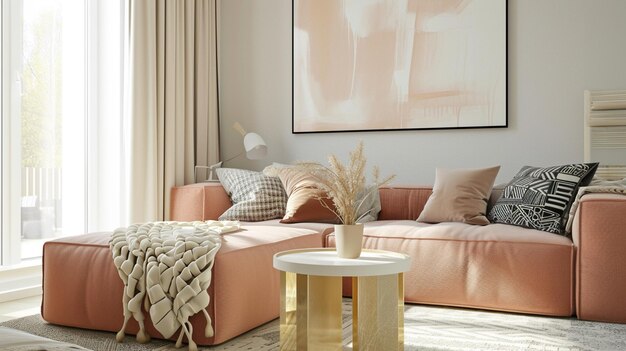 Photo stylish studio apartment interior with comfortable peach fuzz color sofa generative ai