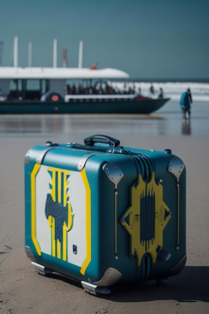 Stylish suitcase on the beach with ocean in the background Generative AI