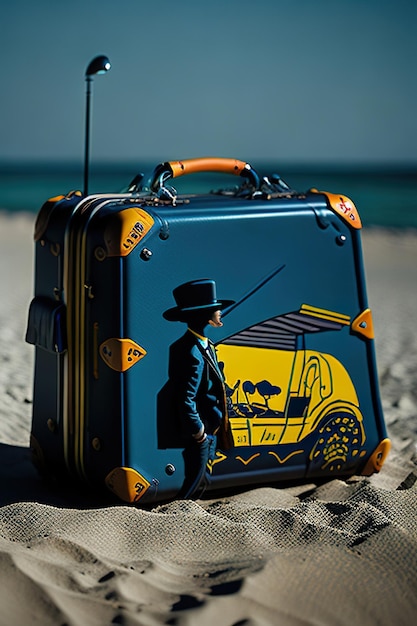 Stylish suitcase on the beach with ocean in the background Generative AI