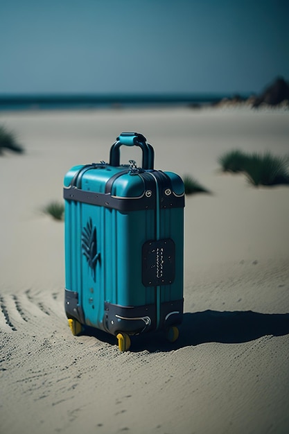 Stylish suitcase on the beach with ocean in the background Generative AI