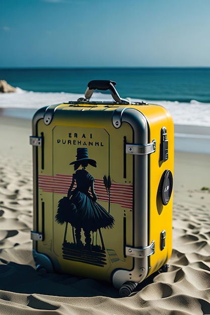 Photo stylish suitcase on the beach with ocean in the background generative ai