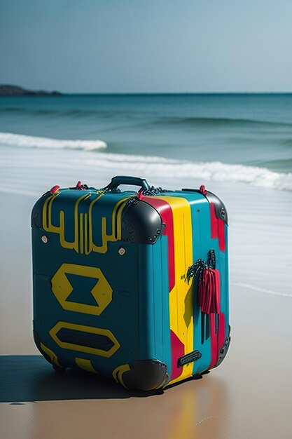 Stylish suitcase on the beach with ocean in the background generative ai