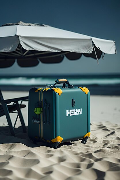 Stylish suitcase on the beach with ocean in the background generative ai