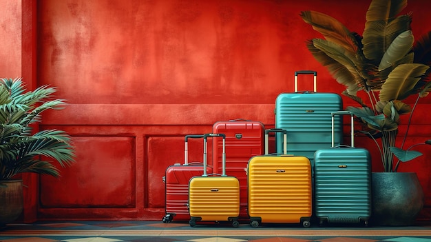 赤い背景のスタイリッシュなスーツケース テキストのスペース 旅行のコンセプト