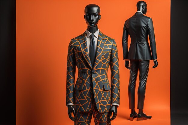 Stylish suits on mannequins on solid color background closeup ai generative