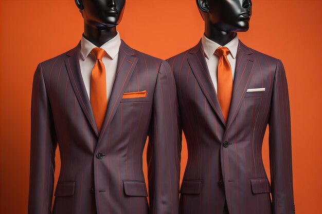 Stylish suits on mannequins on solid color background closeup ai generative