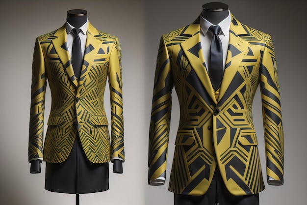 Stylish suits on mannequins on solid color background closeup ai generative