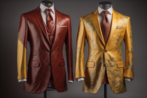 Stylish suits on mannequins on solid color background closeup ai generative