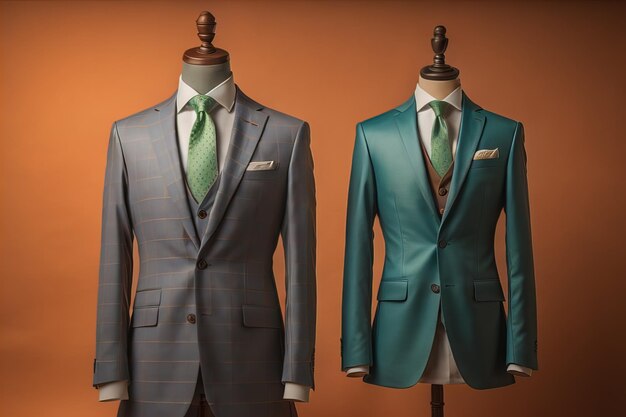 Stylish suits on mannequins on solid color background closeup ai generative