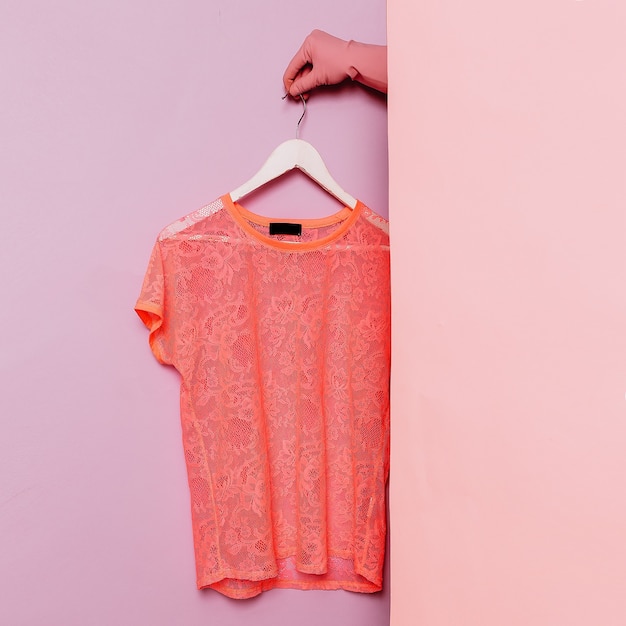 Stylish summer clothes. Pink lace t-shirt. Minimal fashion. Wardrobe Trends Ideas