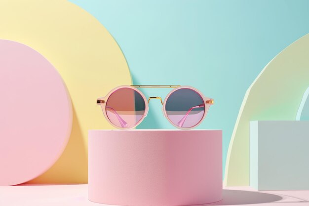 Stylish sunglasses presented on minimal podium