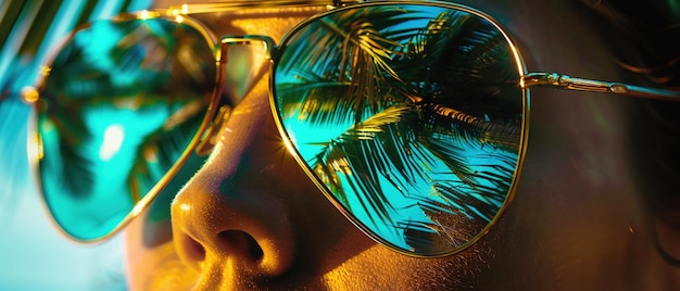 사진 손바닥 을 반사 하는 세련 된 선글라스 밝은 열대 색상
