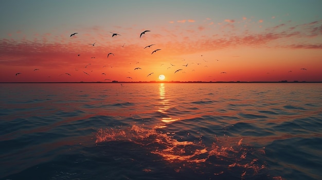 Stylish Sunset Birds Flying Over the Ocean