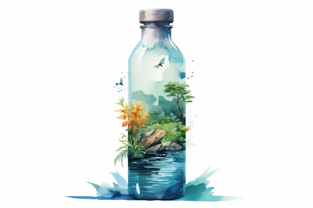 A stylish and sustainable reusable water bottle with abstract lush nature in watercolor style