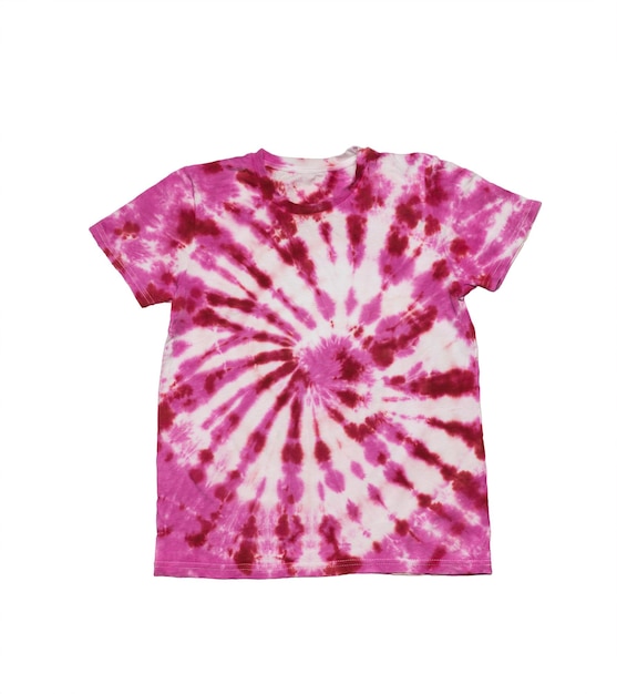 Stylish T-shirt in bright red tie dye isolated on a white background. Flat lay.