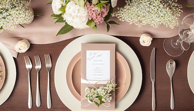 Stylish table setting with wedding invitations and gyp