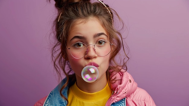 Stylish Teen Girl Blowing Bubble Gum in 80s Attire