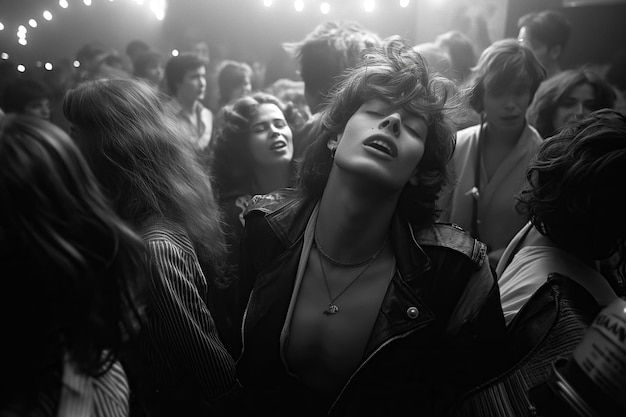 стильный подросток танцует в толпе людей на танцполе в ночном клубе на дискотеке винтажное ретро черно-белое фото