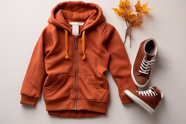 Stylish terracotta childrens autumn jacket with sneakers