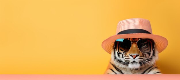 Stylish tiger in sunglasses and hat on pastel background for travel concept with copy space