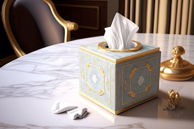 Stylish tissue box with gold ornaments in royal style on table