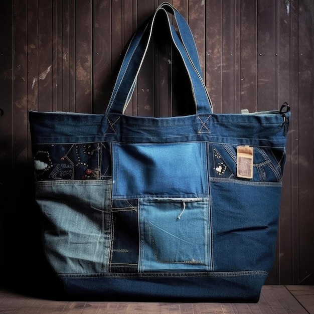 A stylish tote bag made from repurposed denim material