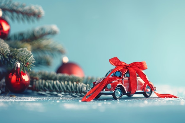 Stylish toy car gift near Christmas tree