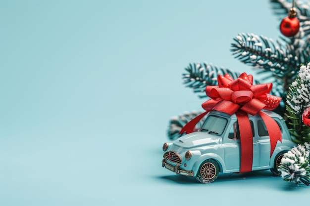 Stylish toy car gift near Christmas tree