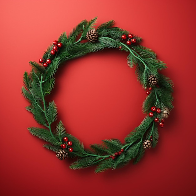 Stylish traditional Christmas wreath on a red background AI generated