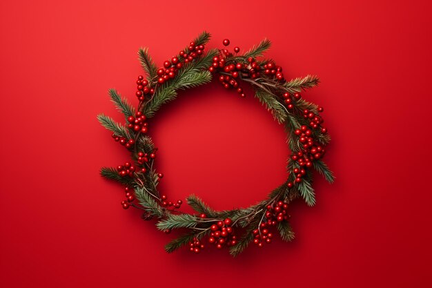 Stylish traditional Christmas wreath on a red background