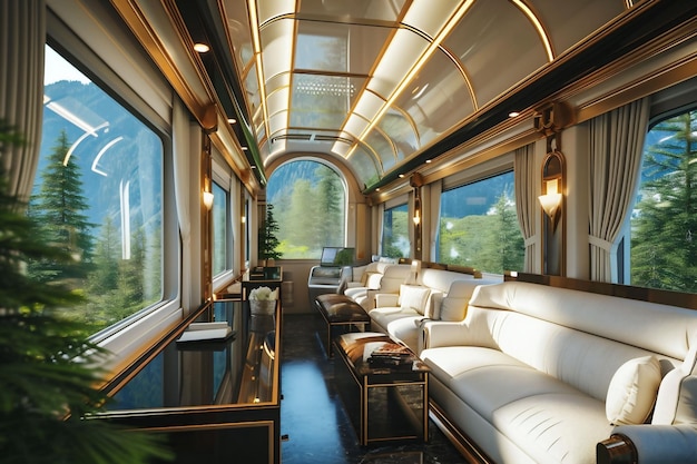 Stylish train coach with white leather Couches and Tables Adorn the Modern Luxury Train Interior