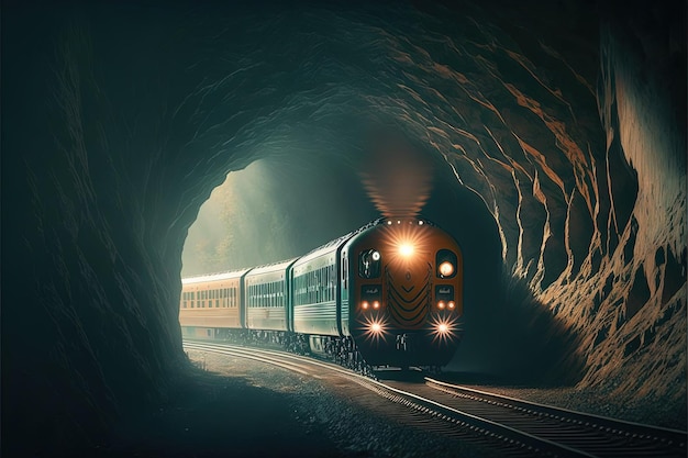 Stylish train tunnel wallpaper high resolution poster technology public transport travel traffic dark color scheme railsindustrial subway 3d render speed travel get to the destinationAI