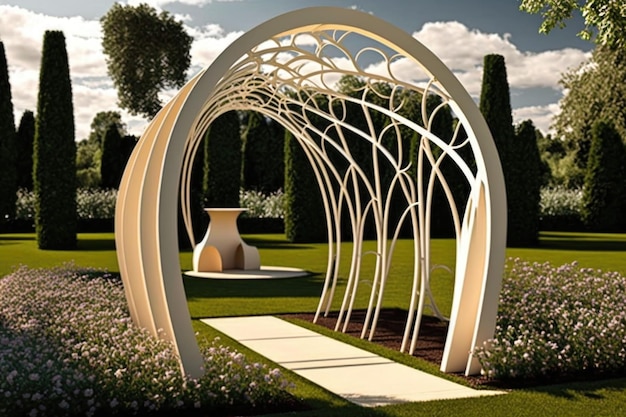 Stylish trellis archway in modern garden created with generative ai