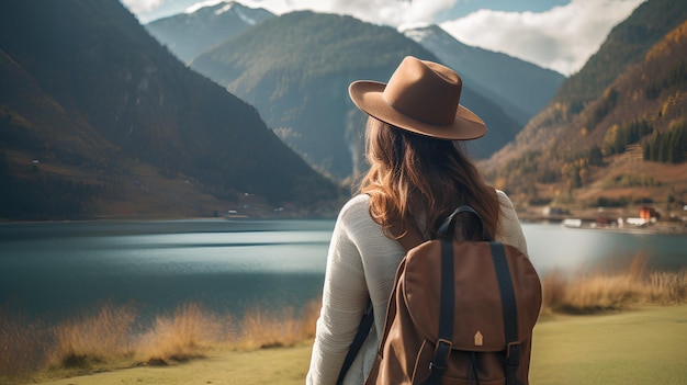 Stylish trendy free hipster woman traveler in a brown